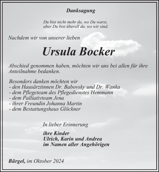 Traueranzeige von Ursula Bocker von Ostthüringer Zeitung