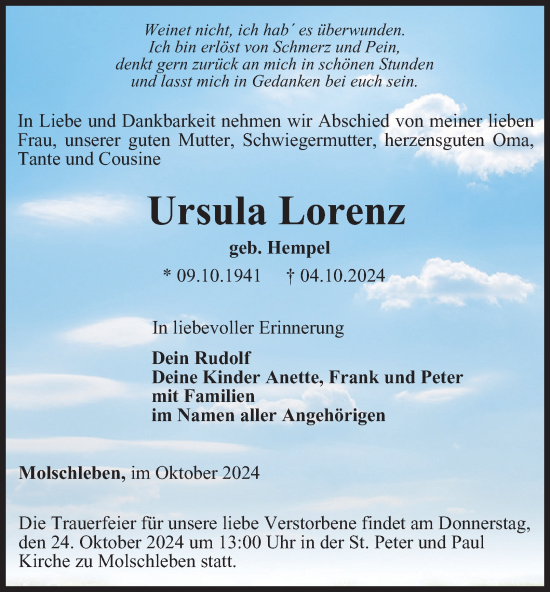 Traueranzeige von Ursula Lorenz von Thüringer Allgemeine, Thüringische Landeszeitung