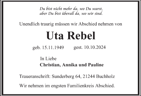 Traueranzeige von Uta Rebel von Ostthüringer Zeitung