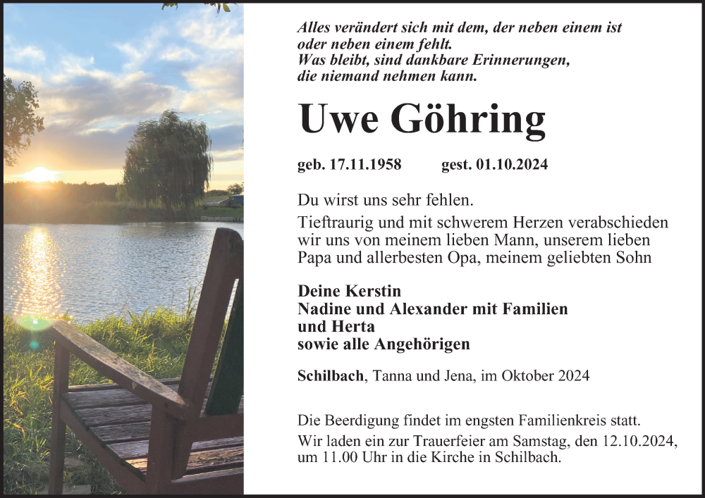  Traueranzeige für Uwe Göhring vom 08.10.2024 aus Thüringer Allgemeine