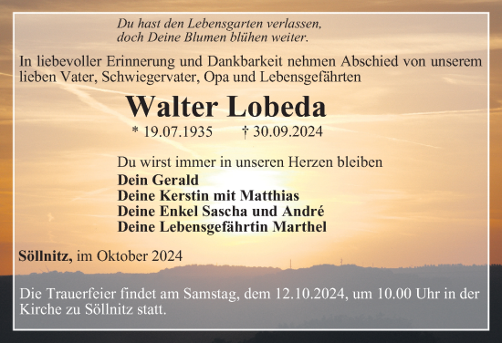 Traueranzeige von Walter Lobeda von Ostthüringer Zeitung, Thüringische Landeszeitung