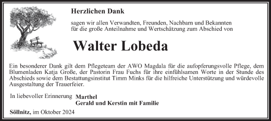 Traueranzeige von Walter Lobeda von Thüringer Allgemeine, Thüringische Landeszeitung