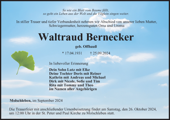 Traueranzeige von Waltraud Bernecker von Thüringer Allgemeine, Thüringische Landeszeitung