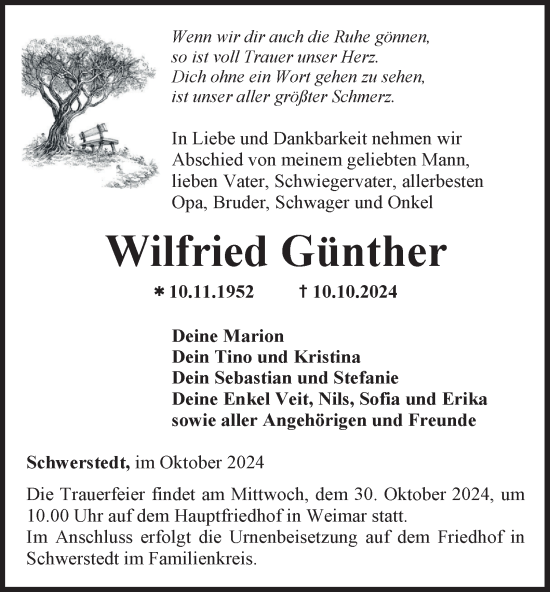 Traueranzeige von Wilfried Günther von Thüringer Allgemeine, Thüringische Landeszeitung