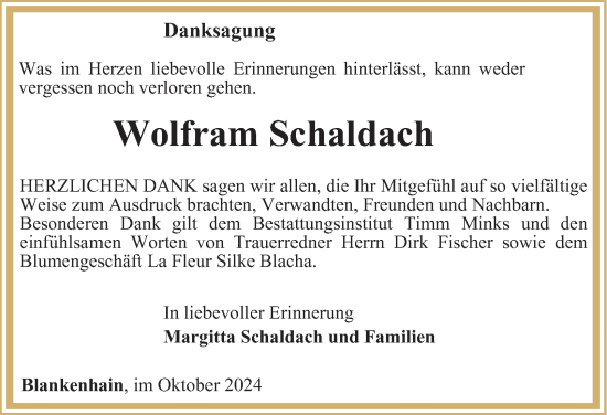 Traueranzeige von Wolfram Schaldach von Thüringer Allgemeine