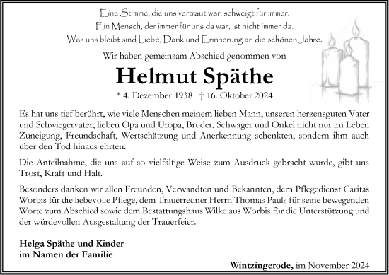 Traueranzeige von Helmut Späthe von TA , TLZ