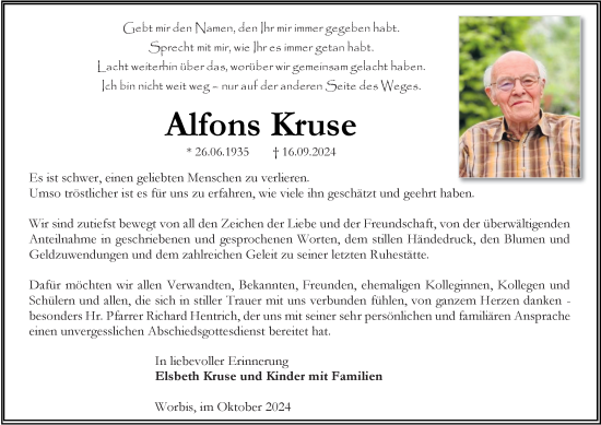 Traueranzeige von Alfons Kruse von Thüringer Allgemeine