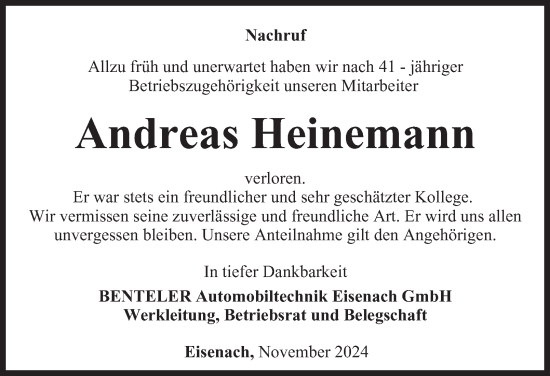 Traueranzeige von Andreas Heinemann von Thüringer Allgemeine, Thüringische Landeszeitung