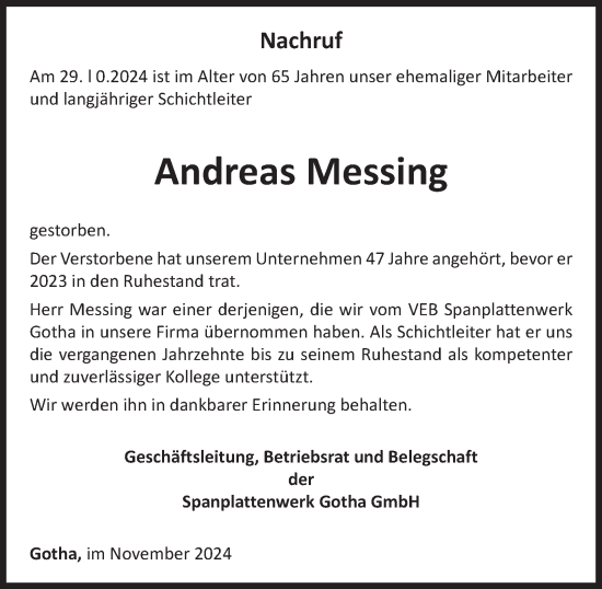 Traueranzeige von Andreas Messing von Thüringer Allgemeine, Thüringische Landeszeitung