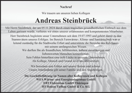 Traueranzeige von Andreas Steinbrück von Thüringer Allgemeine, Thüringische Landeszeitung