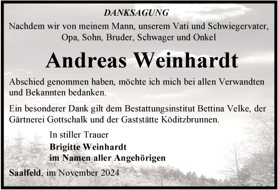 Traueranzeige von Andreas Weinhardt von Ostthüringer Zeitung