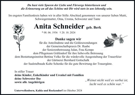 Traueranzeige von Anita Schneider von Ostthüringer Zeitung