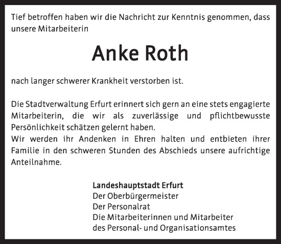 Traueranzeige von Anke Roth von Thüringer Allgemeine, Thüringische Landeszeitung