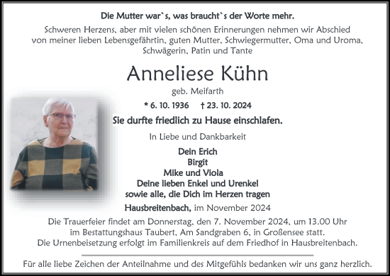 Traueranzeige von Anneliese Kühn von Thüringer Allgemeine, Thüringische Landeszeitung