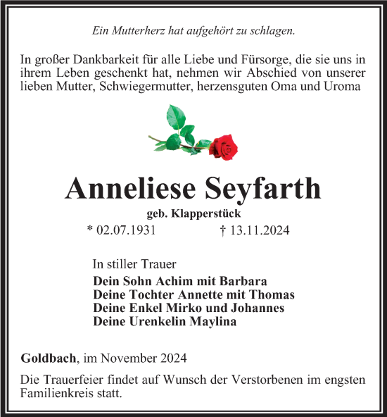 Traueranzeige von Anneliese Seyfarth von Thüringer Allgemeine, Thüringische Landeszeitung