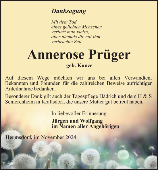 Traueranzeige von Annerose Pröger von Ostthüringer Zeitung