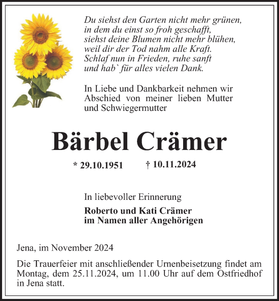 Traueranzeige von Bärbel Crämer von Ostthüringer Zeitung