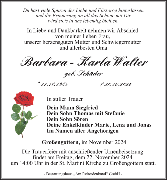 Traueranzeige von Barbara-Karla Walter von Thüringer Allgemeine, Thüringische Landeszeitung