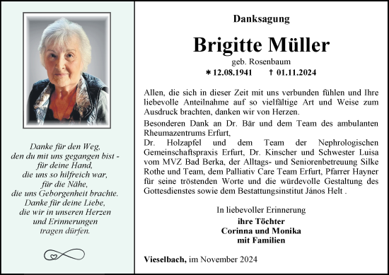 Traueranzeige von Brigitte Müller von Thüringer Allgemeine, Thüringische Landeszeitung