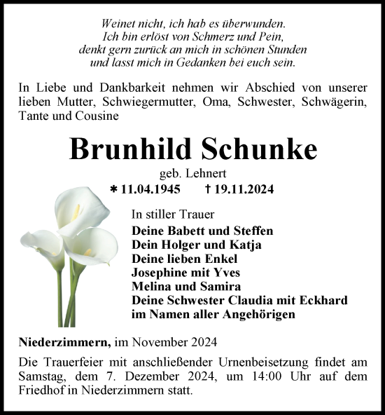 Traueranzeige von Brunhild Schunke von Thüringer Allgemeine, Thüringische Landeszeitung