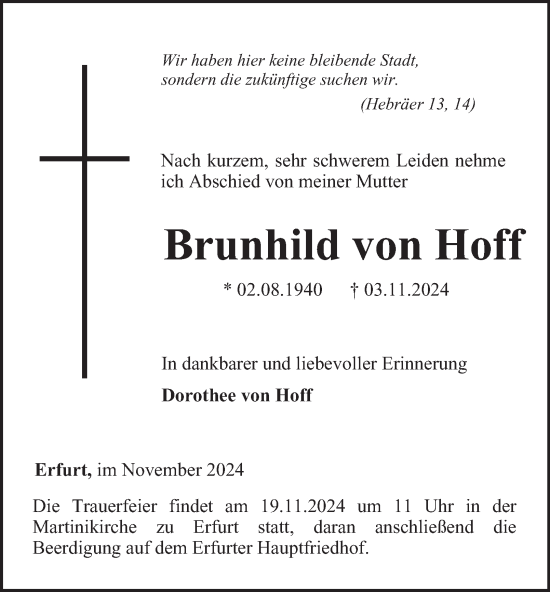 Traueranzeige von Brunhild von Hoff von Thüringer Allgemeine, Thüringische Landeszeitung