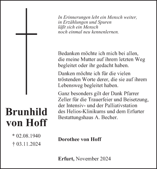 Traueranzeige von Brunhild von Hoff von Thüringer Allgemeine, Thüringische Landeszeitung