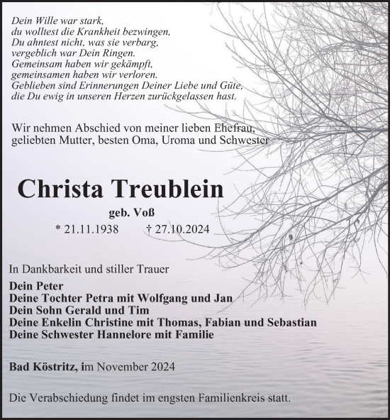 Traueranzeige von Christa Treublein  von OTZ