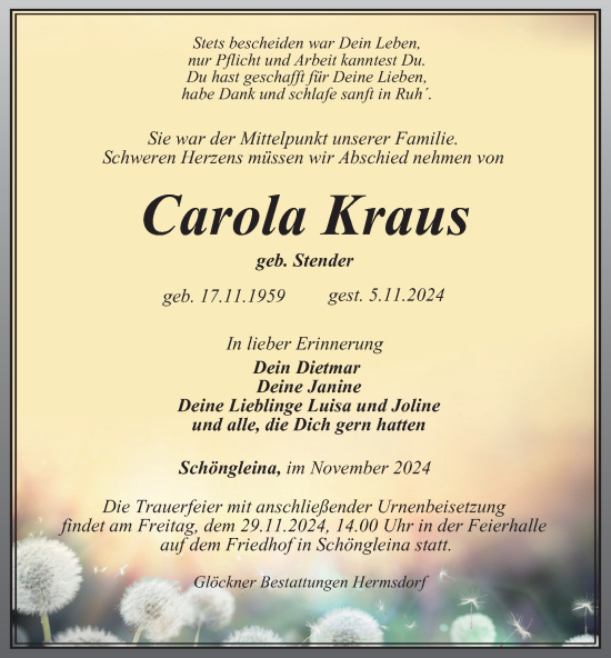 Traueranzeige von Carola Kraus von Ostthüringer Zeitung