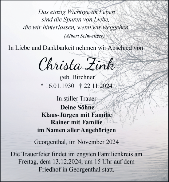 Traueranzeige von Christa Zink von Thüringer Allgemeine, Thüringische Landeszeitung