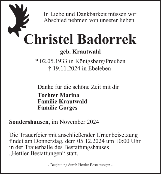 Traueranzeige von Christel Badorrek von Thüringer Allgemeine