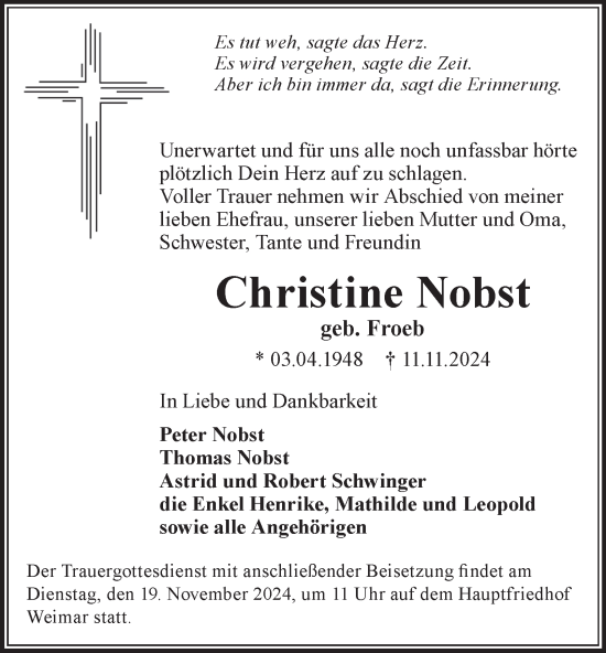 Traueranzeige von Christine Nobst von Thüringer Allgemeine, Thüringische Landeszeitung