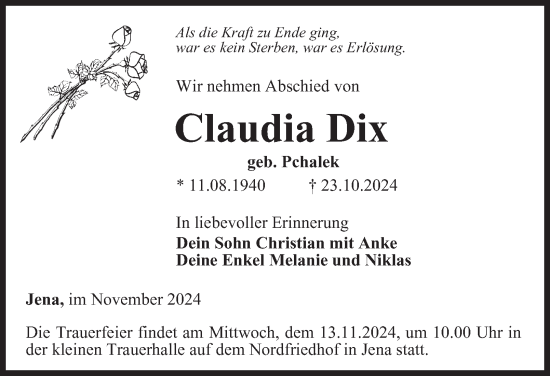 Traueranzeige von Claudia Dix von Ostthüringer Zeitung, Thüringische Landeszeitung