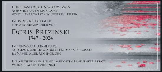 Traueranzeige von Doris Brezinski von Thüringer Allgemeine, Thüringische Landeszeitung