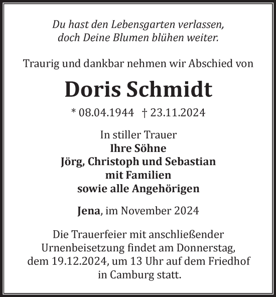 Traueranzeige von Doris Schmidt von Ostthüringer Zeitung, Thüringische Landeszeitung