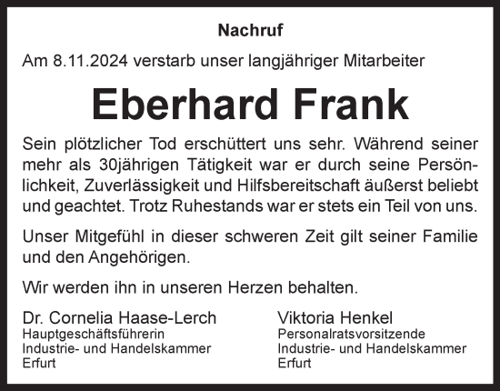 Traueranzeige von Eberhard Frank von Thüringer Allgemeine, Thüringische Landeszeitung