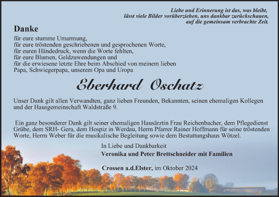 Traueranzeige von Eberhard Oschatz von Ostthüringer Zeitung