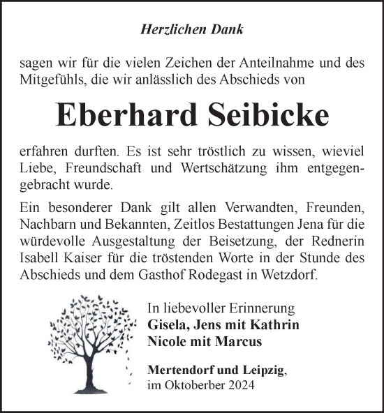 Traueranzeige von Eberhard Seibicke von Ostthüringer Zeitung