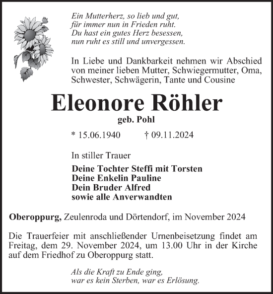 Traueranzeige von Eleonore Röhler von Ostthüringer Zeitung