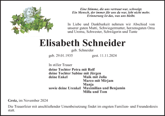 Traueranzeige von Elisabeth Schneider von Ostthüringer Zeitung