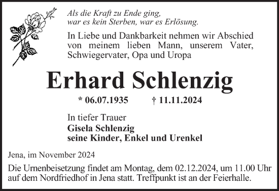 Traueranzeige von Erhard Schlenzig von Ostthüringer Zeitung, Thüringische Landeszeitung