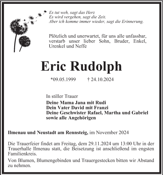 Traueranzeige von Eric Rudolph von Thüringer Allgemeine