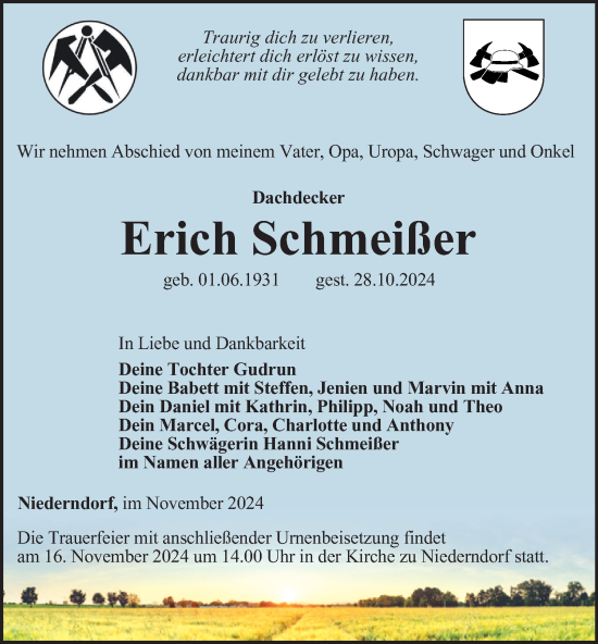 Traueranzeige von Erich Schmeißer von Ostthüringer Zeitung