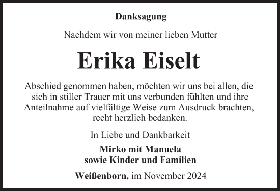 Traueranzeige von Erika Eiselt von Ostthüringer Zeitung