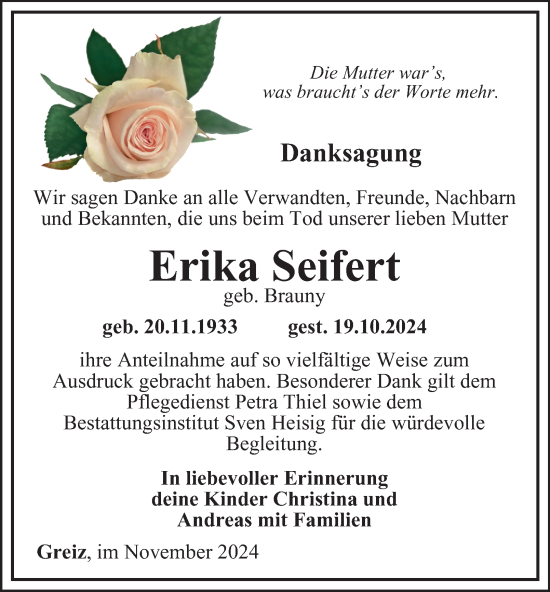 Traueranzeige von Erika Seifert von Ostthüringer Zeitung