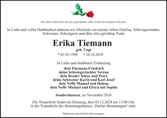 Traueranzeige von Erika Tiemann von Thüringer Allgemeine