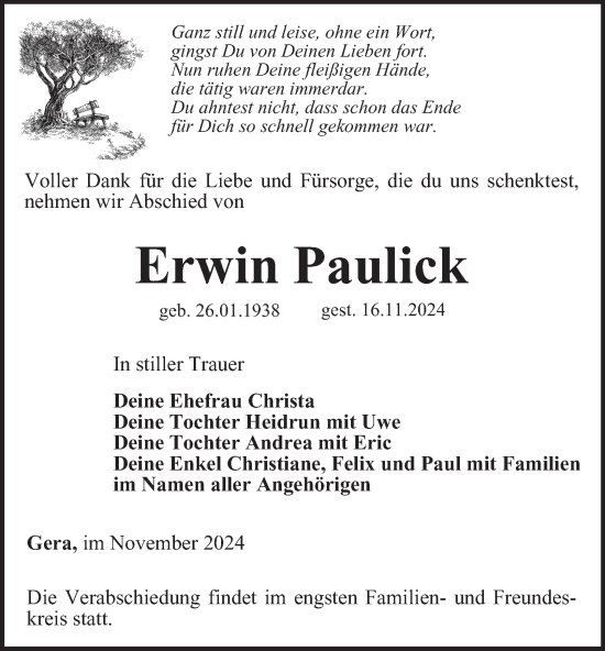 Traueranzeige von Erwin Paulick von Ostthüringer Zeitung