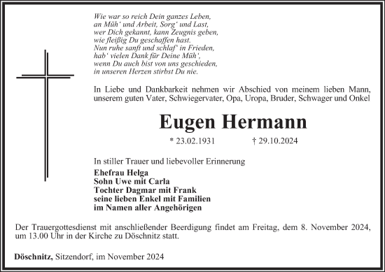 Traueranzeige von Eugen Hermann von Ostthüringer Zeitung