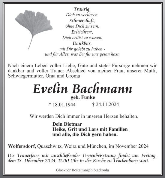 Traueranzeige von Evelin Bachmann von Ostthüringer Zeitung