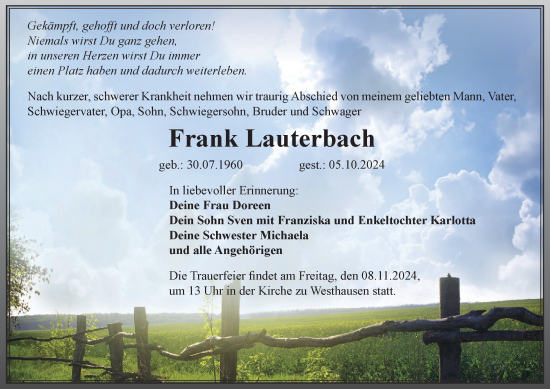 Traueranzeige von Frank Lauterbach von Thüringer Allgemeine, Thüringische Landeszeitung