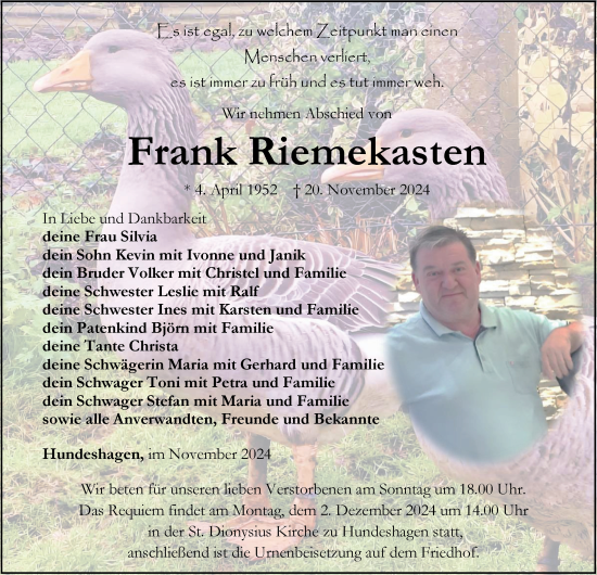 Traueranzeige von Frank Riemekasten von Thüringer Allgemeine